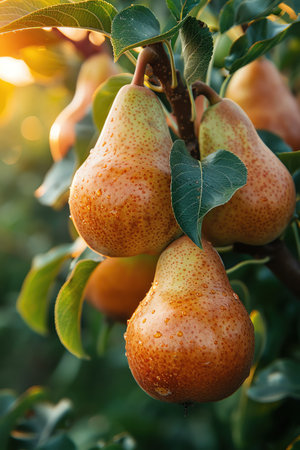 Ripe pears hanging from trees in a sunlit orchard, surrounded by green leavesの素材