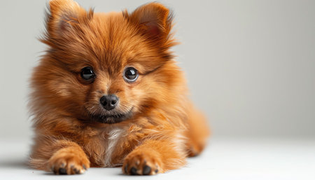 Pomeranian puppy with head tilted, white background, studio shotの素材