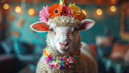 Sheep in party hat and rainbow necklace, green background, happy and festiveの素材