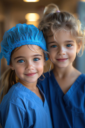 Two children in medical scrubs, smiling, hospital corridor, inspiring future heroesの素材