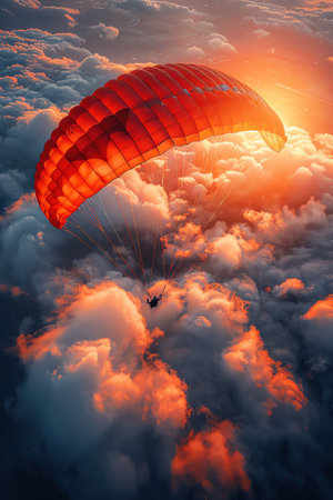 Skydiver with orange parachute descending through the cloudsの素材