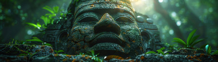 Ancient stone statue in a jungle, sunlight filtering through trees, overgrown plantsの素材
