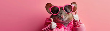 Mouse in pink jacket and sunglasses, thumbs up, pink background, happy and trendyの素材