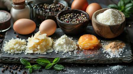 Assorted ingredients on dark slate, topdown view, rustic styleの素材