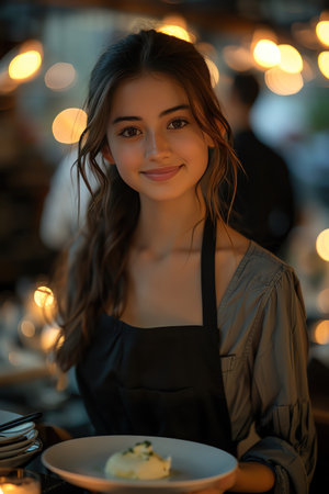 Waitress serving plates, elegant restaurant, warm lighting, smilingの素材