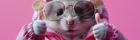 Mouse in pink jacket and sunglasses, thumbs up, pink background, happy and trendyの素材