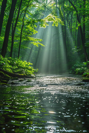 Serene river flowing through a lush jungle, soft sunlight filtering through leavesの素材