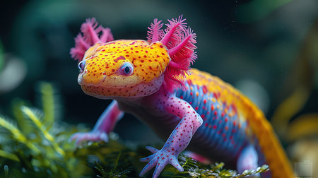 Axolotl in aquarium, vibrant colors, closeup, soft lightingの素材