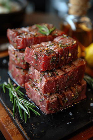 Fresh steak cuts with rosemary, black background, side view, dramatic lightingの素材