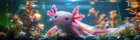 Pink axolotl in a vibrant underwater habitat, surrounded by plants, soft lightingの素材