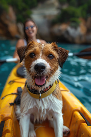 Woman kayaking with her happy dog in a bright yellow life vest, sunny day, joyful expressionsの素材