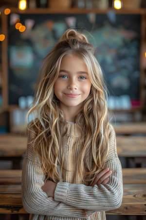 Smiling girl in a cozy classroom, wooden tables, soft lightの素材