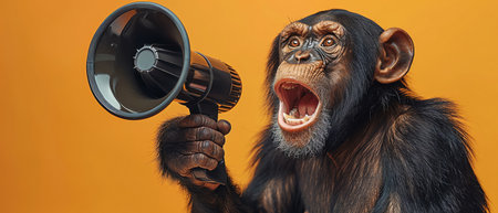 Chimpanzee holding a megaphone, shouting, solid orange background, humorous studio shotの素材