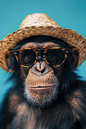 Chimpanzee with a straw hat and sunglasses, posing against a vibrant blue backgroundの素材