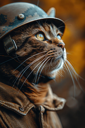 Cat wearing a military helmet, side profile, intense gaze, bright yellow background, studio lightingの素材