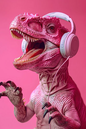 Pink dinosaur with headphones, roaring while enjoying music, against a pink backgroundの素材