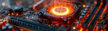 Glowing orange computer fan on a motherboard, emitting steam, vibrant circuitryの素材