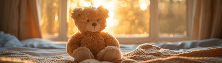 Soft teddy bear sitting on a bed, bathed in warm morning sunlightの素材