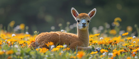A young alpaca resting in a green meadow, surrounded by wildflowers, soft natural light, peaceful countrysideの素材