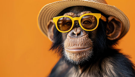 Chimpanzee wearing a straw hat and yellow sunglasses against a bright orange backgroundの素材