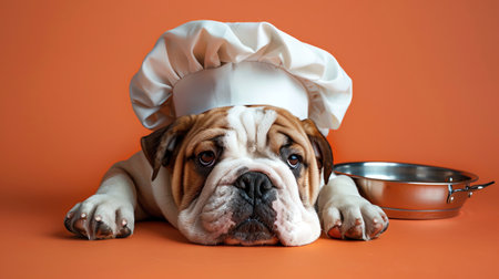 Bulldog in a chefs hat, resting on an orange backdropの素材