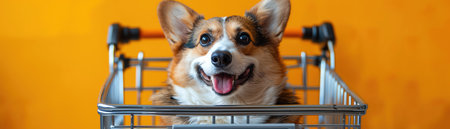 Corgi happily sitting in a shopping cart, against a vibrant orange backgroundの素材
