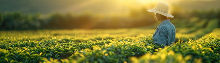 Farmer picking tea leaves in a lush green field, blurred backgroundの素材