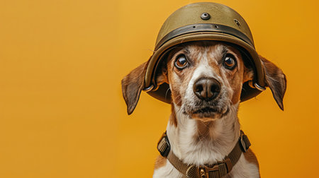Dog wearing militarystyle helmet, serious expression, against a bright yellow backgroundの素材