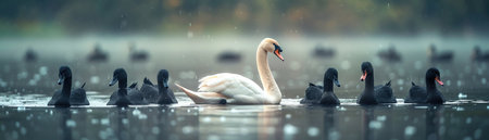White swan among black swans in pond, soft focus, natural lighting, contrast themeの素材