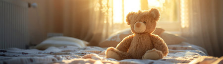 Soft teddy bear sitting on a bed, bathed in warm morning sunlightの素材