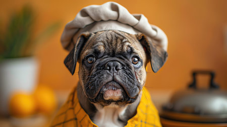 Bulldog in a chefs hat, resting on an orange backdropの素材