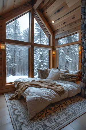 A cozy attic bedroom with large windows overlooking a snowy forest, warm wooden interior, soft ambient lightingの素材