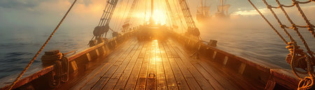 Empty wooden deck of a pirate ship at sea, soft morning light casting shadows on the planksの素材