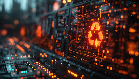 Screen displaying a red recycle symbol, surrounded by digital light.の素材