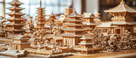 Intricate wooden miniature city, soft natural light, detailed craftsmanship, serene atmosphereの素材