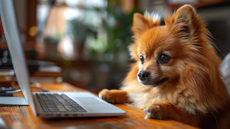 Fluffy Pomeranian dog sitting at a desk, looking attentively, home office settingの素材