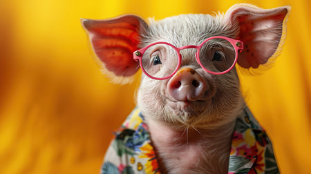 Piglet wearing pink glasses and a floral shirt, bright yellow background, playful and quirky portraitの素材