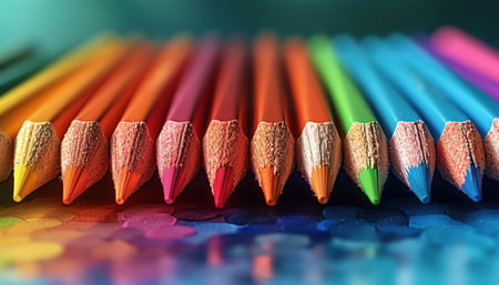 Rainbowcolored pencils lined up on a bright blue background, organized in a neat gradient, vibrant and creativeの素材