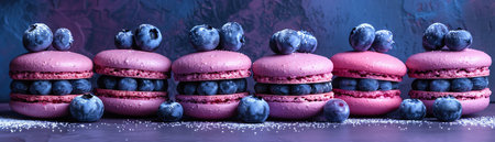 Blueberry macarons and fresh blueberries on lavender backgroundの素材