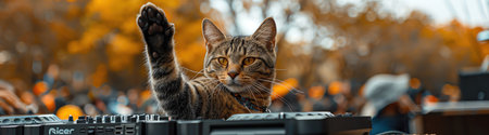 Cat DJing at an outdoor festival, colorful crowd in the background, paw raised in the airの素材