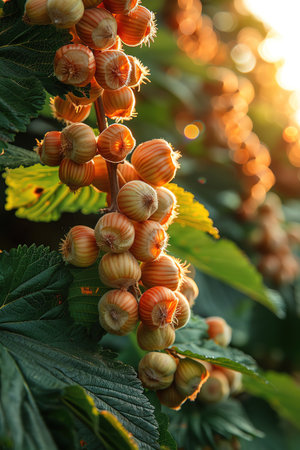 Closeup of hazelnuts growing on a tree, bathed in warm sunlight, lush green foliageの素材