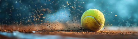 Closeup of a tennis ball hitting a clay court, with dust flying dramatically against a blurred blue backgroundの素材