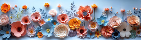 Delicate pastelcolored paper flowers arranged artfully on a white backgroundの素材