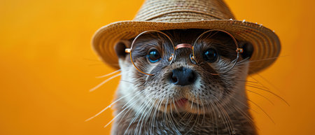 Otter wearing glasses and a straw hat, against a yellow background, humorous and charmingの素材