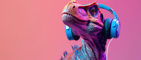 Trex wearing headphones, vibrant purple background, playful and modernの素材