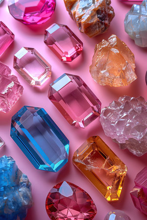 Sparkling pastel gemstones of various shapes on a pink backgroundの素材