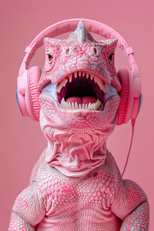 Pink dinosaur with headphones, roaring while enjoying music, against a pink backgroundの素材