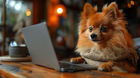 Fluffy Pomeranian dog sitting at a desk, looking attentively, home office settingの素材