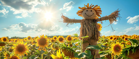 Cheerful scarecrow standing tall in a vibrant sunflower field, under a bright blue sky, sun rays adding warmthの素材