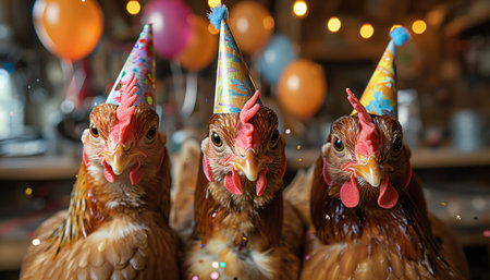 Three chickens in party hats, celebrating with balloons and confetti, festive lights behindの素材